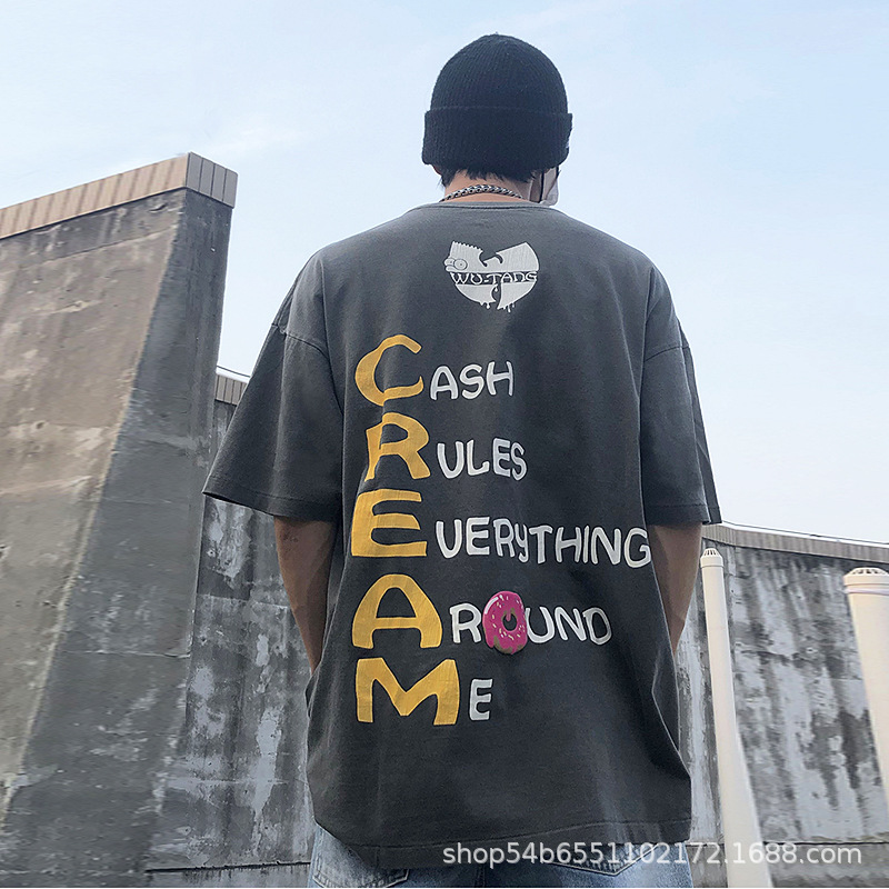 American Style Trendy Brand Hip Hop Rap WUDANG WUDANG Style Donut Print Distinctive Short-sleeved T-shirt Trendy
