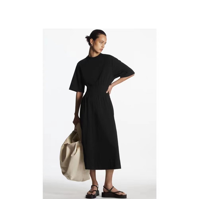 Cs Women's Clothing 2026 Spring Cotton Black Short-Sleeve Ruched A-Line Waist-Cinching Dress for a Stylish Commute