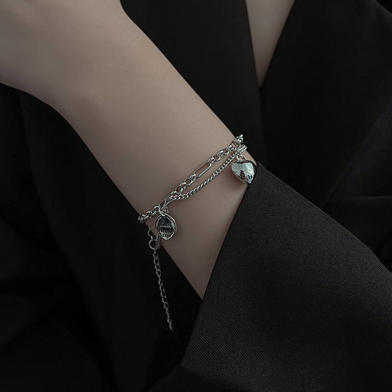 925 Silver Plated Personalized Hip-Hop Sweet Bracelet Punk Accessories Cool Heart Double-Layer Bracelet for Women Heart Bracelet