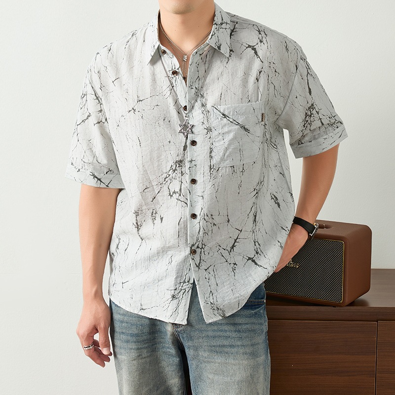 Men's Cotton and Linen Short-Sleeved Shirt, Summer Chinese Style Ink Print Loose and Versatile Casual Top, Retro Lapel Shirt
