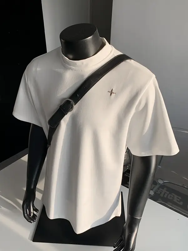 Lessel Tencel Cool Feeling Short Sleeve Men Clothing Summer Breathable Half Turtleneck Embroider T-shirt American Small Neckline Half Sleeve