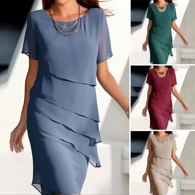 2026 Amazon Independent Site New Model Summer Slim-Fit Dress with Chiffon Patchwork Round Neck Short-Sleeve Dress for Women