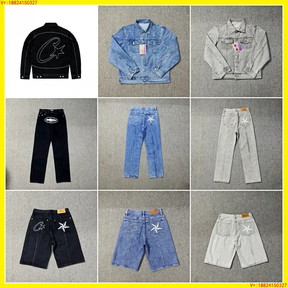 Corteiz Alcatraz Jeans Star Embroidered American Style High Street Retro Old Casual Cropped Pants Jacket