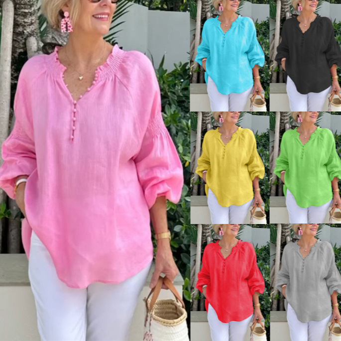 2026 Spring/Summer Amazon Independent Site Cross-Border New Hot-Selling Women's Casual V-Neck Solid Color Cotton-Linen Long-Sleeve Top