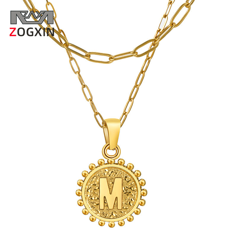 Cross-border European and American stainless steel double-layer paper clip round letter necklace 18K fashion English letter pendant jewelry