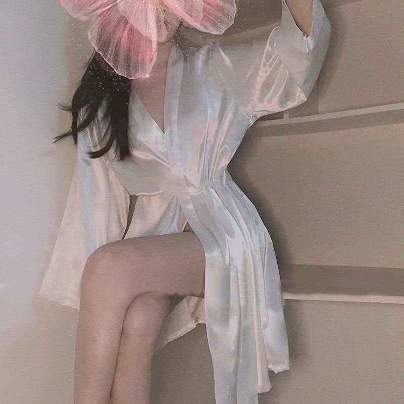 Bathrobe Women's Summer Thin Ice Silk Nightgown 2025 New White Silk Fashion Pajamas Japanese Kimono Spring & Fall