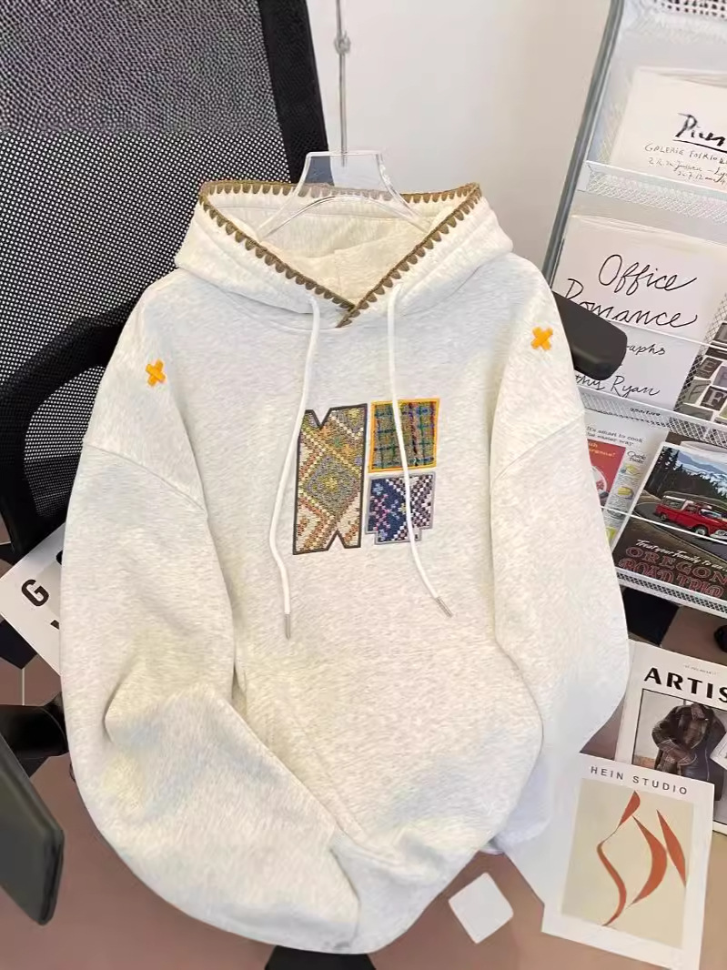 Spring and Autumn Hooded Sweatshirt Men's Embroidered Ethnic Fashion Sports Youth Loose High Street Woven American Pullover Jacket