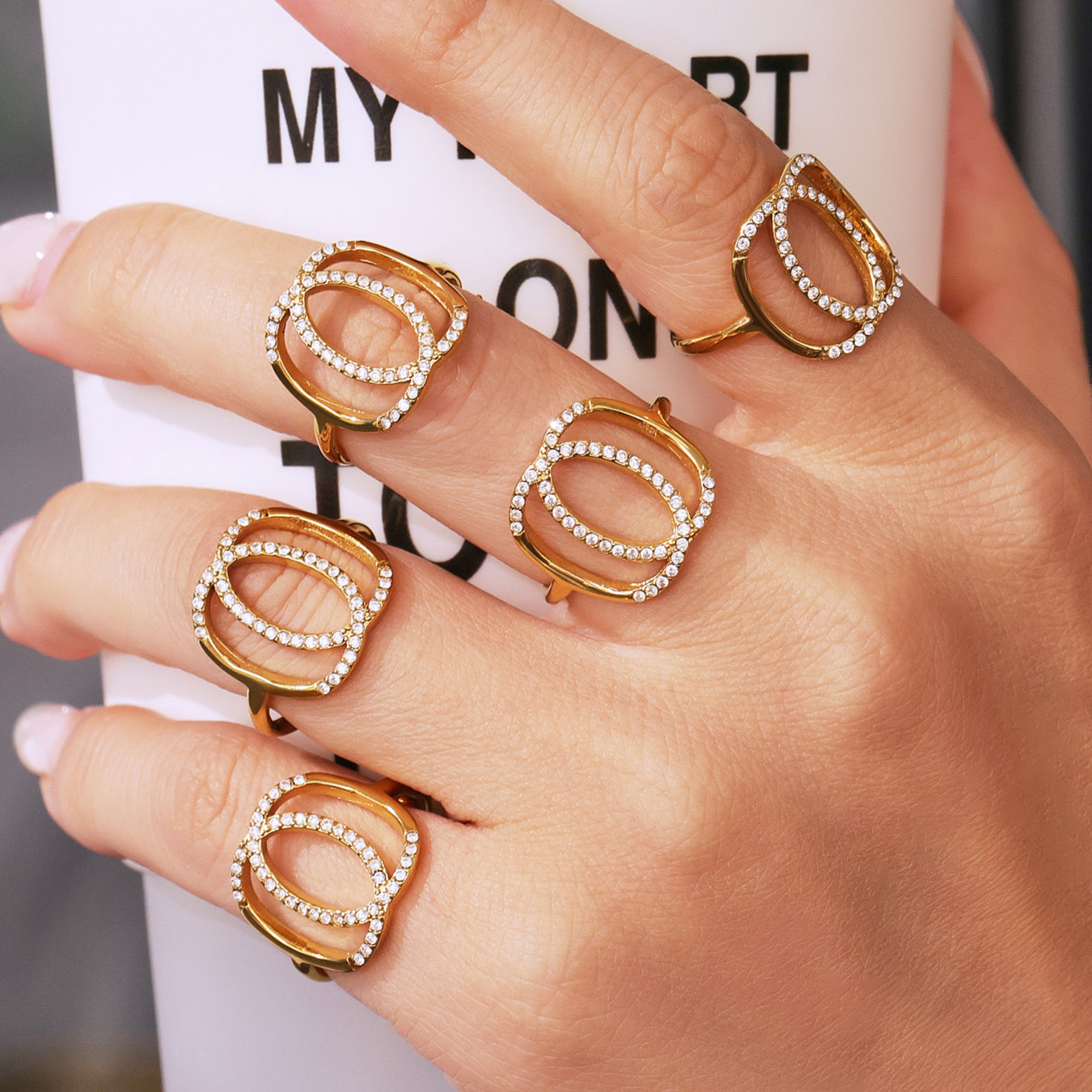 Dreamy Full Zircon Double Ring C-Line Wrapped Stainless Steel Open Ring, Niche Ins-Style Stackable Index Finger Ring That Doesn'T Fade
