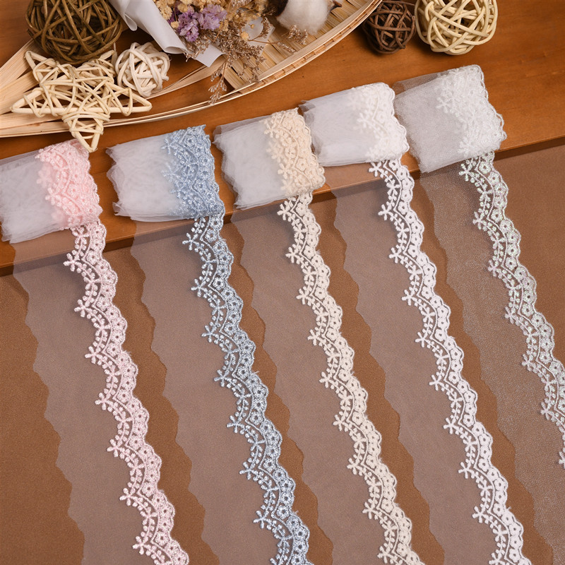 ins Simple Style Lace Single Side Wave Embroidered Lace Dress Children's Wear Rejuvenation Mesh Color Threads Embroidered Lace