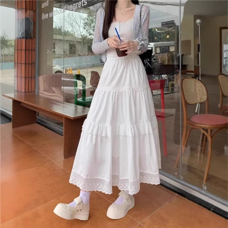 White Skirt 2025 New High-Waisted Slimming Look and Gentle Long Skirt Sweet Little Summer Cake Skirt
