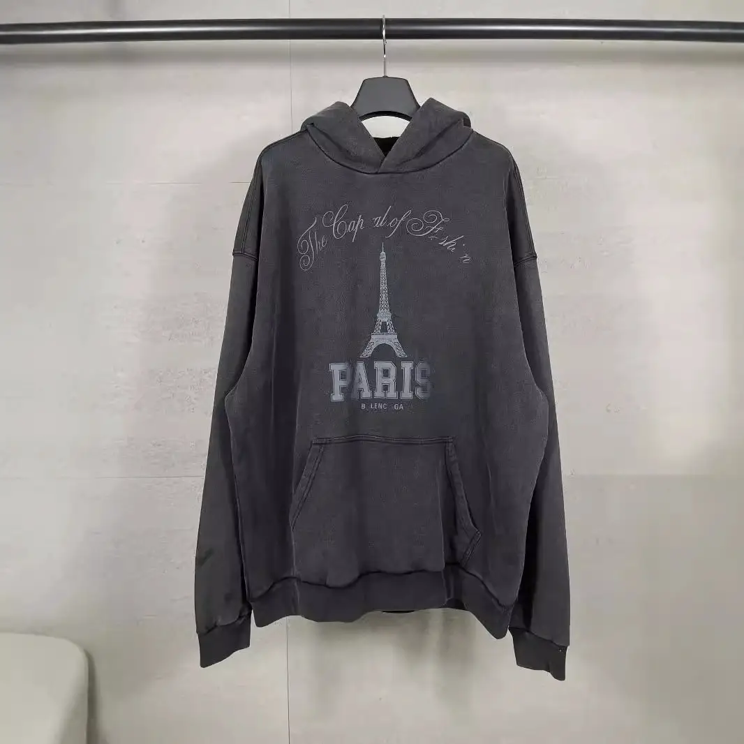 2024 Early Autumn New Paris B Tower Art Printing Washed Old Hooded Sweater Loose Men's and Women's Hoodie
