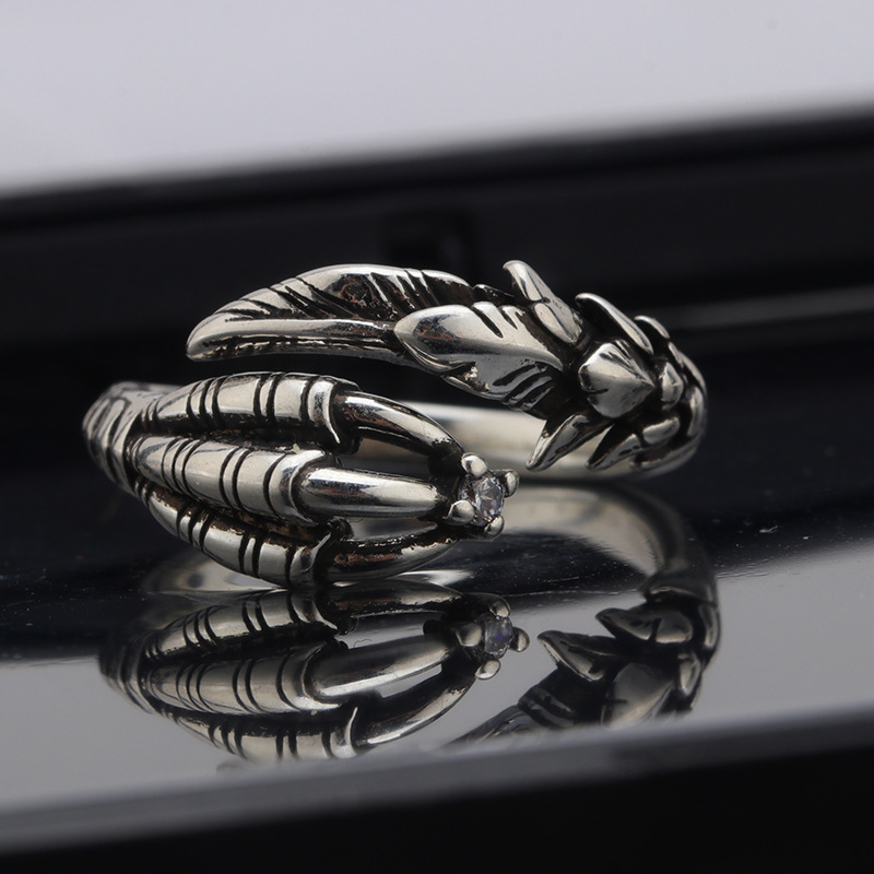 Retro Dragon Claw Ring Men's Trendy Personalized Creative Feather Diamond Finger Ring Fashion All-match Hip-hop Open Ring