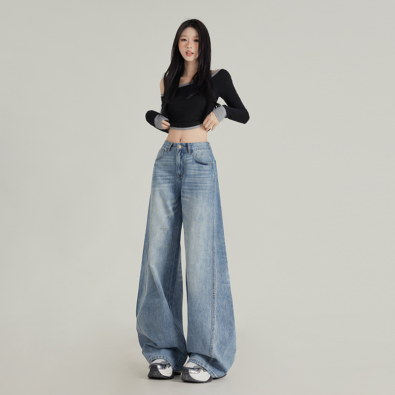 American Retro Design Sense Mop Pants Street Girl Straight Pants 2025 New All-match Jeans for Women