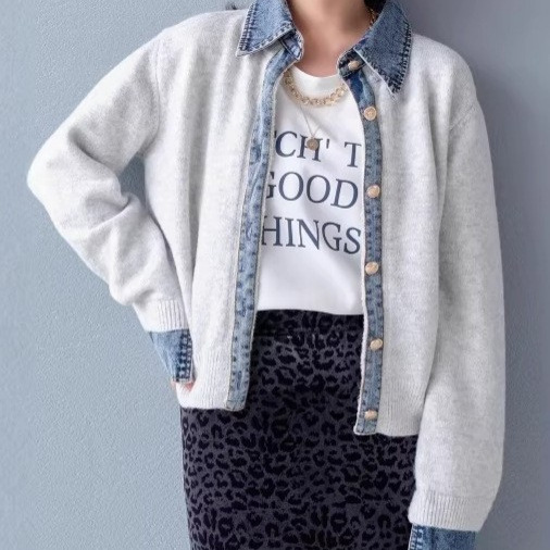 Korean Fashion Denim Patchwork Knitted Cardigan Autumn and Winter New Style Lapel Design Women's Sweater Top Jacket