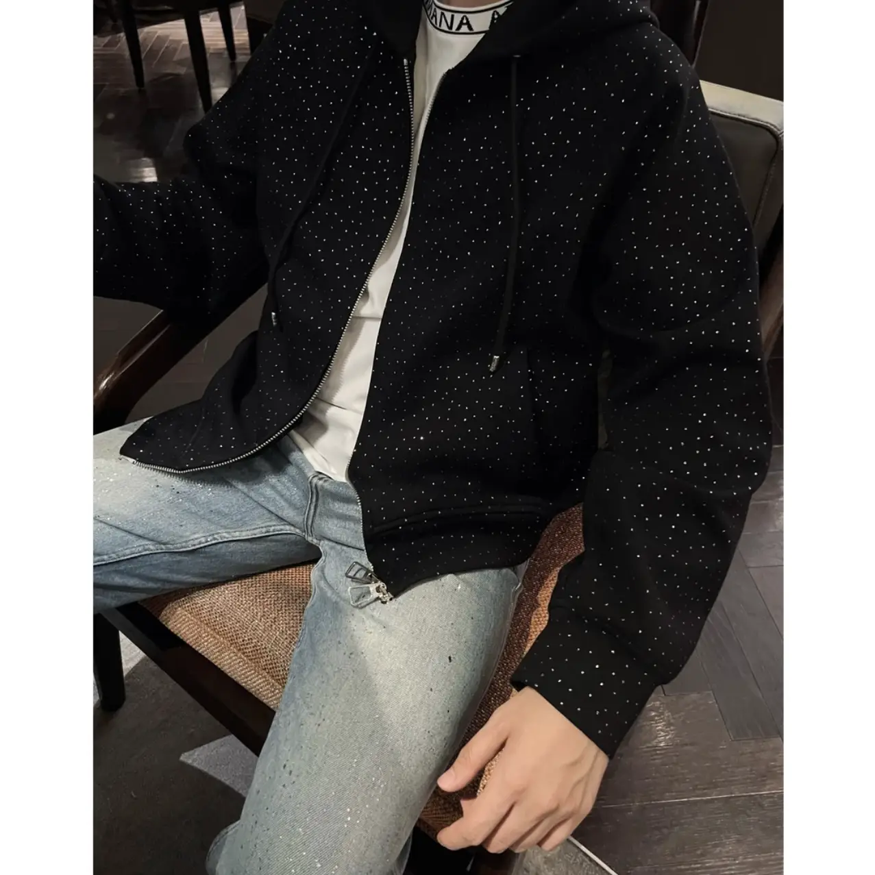 Starry Dots 25 Spring Year of the Snake Limited Glitter Pink Polka Dot Double Zipper Men Hooded Couple Sweatshirt Outwear Trendy