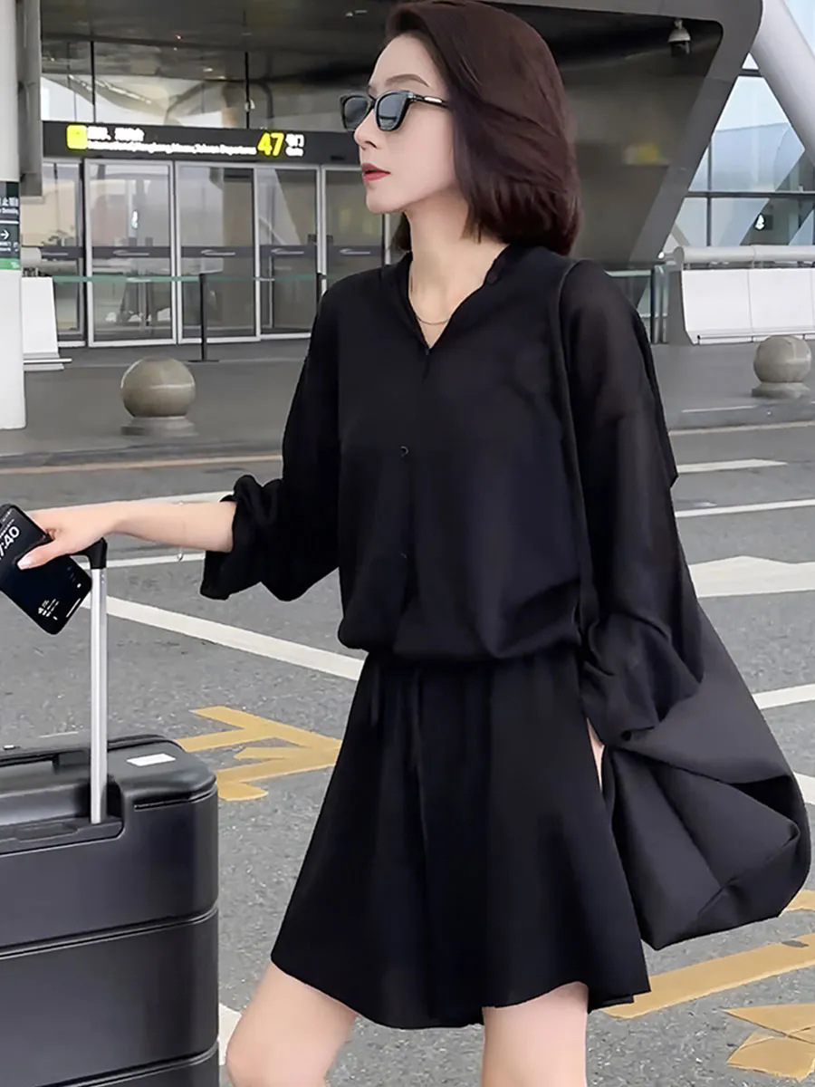 Official website summer new fashion suit chiffon hooded shirt wide leg shorts elegant commuter slim two-piece set