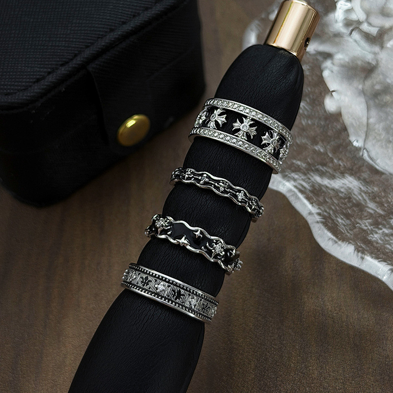 Dark Retro Gothic Style Starburst Iris Flower Oil-Drip Punk Open Ring Niche High-End Stackable Ring for Women