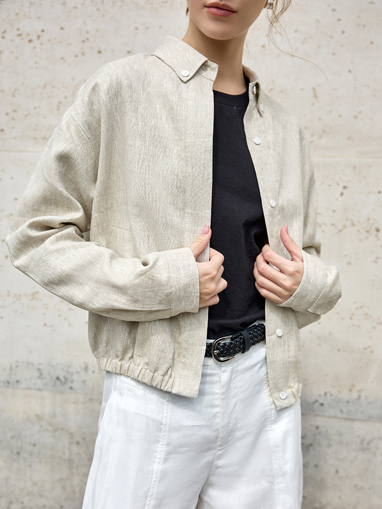 High-End Feel 100% Linen Jacket with Lapel Collar, Short Style, Pleated Hem, Casual Long-Sleeve Design with a Linen Texture
