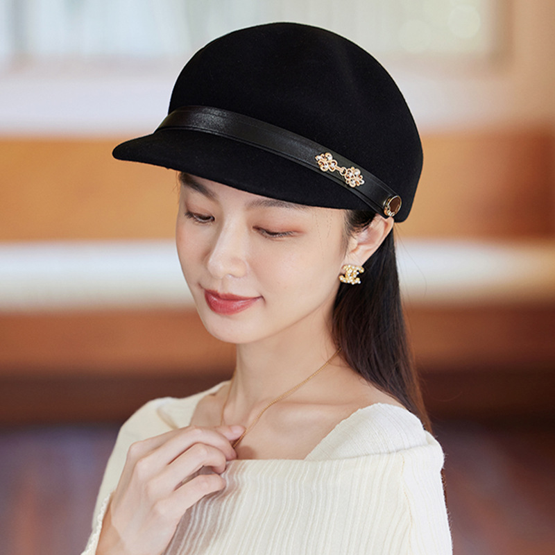 Autumn and Winter Japanese Small Belt Metal Buckle Decorative Women's Vintage Wool Pumpkin Hat Cap Equestrian Hat Felt Hat