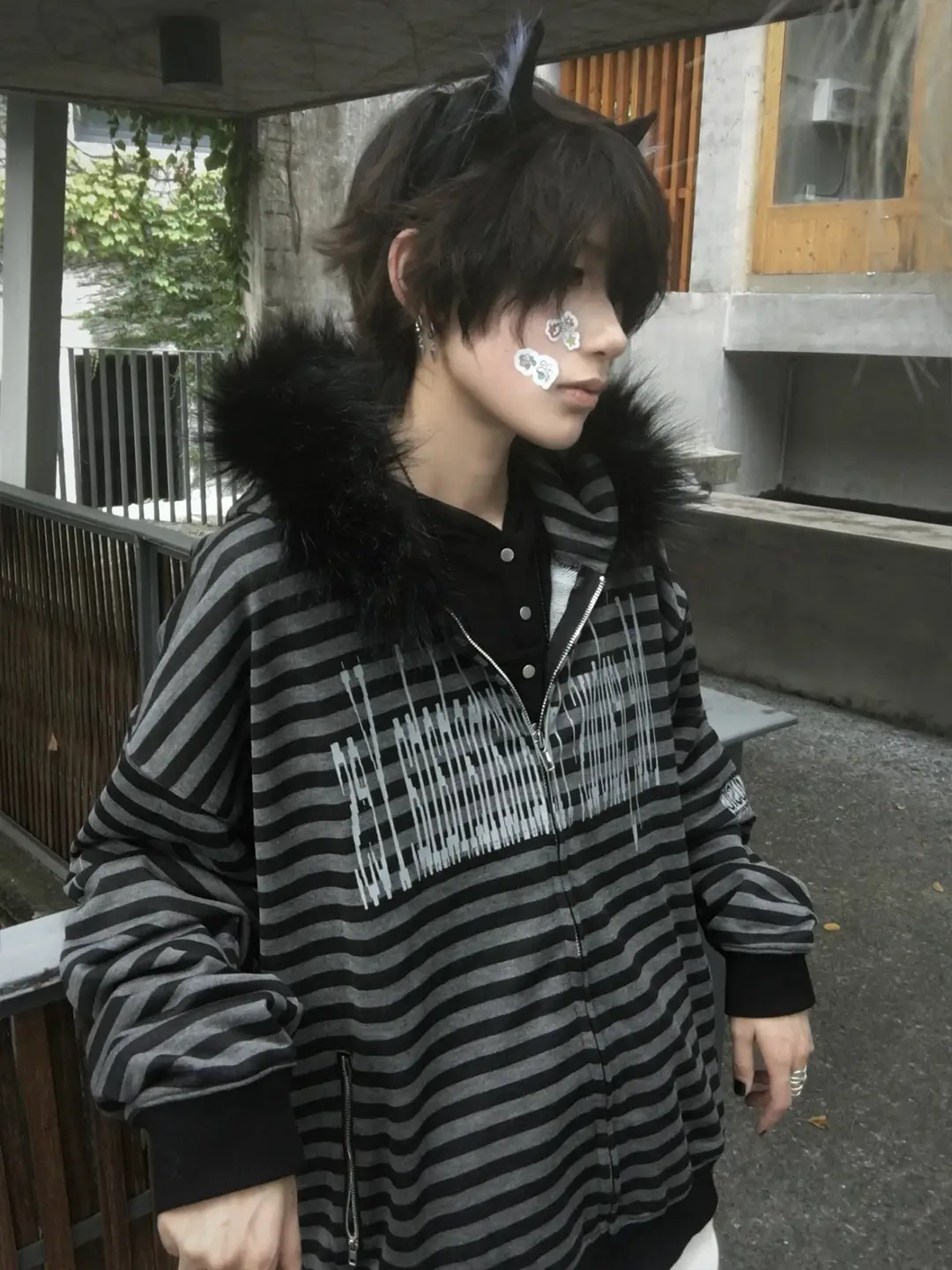 Paiki """"The Preludes """"Jief"" Black and Gray Striped Fur Collar Cardigan Sweater Hooded Sweatshirt for Men