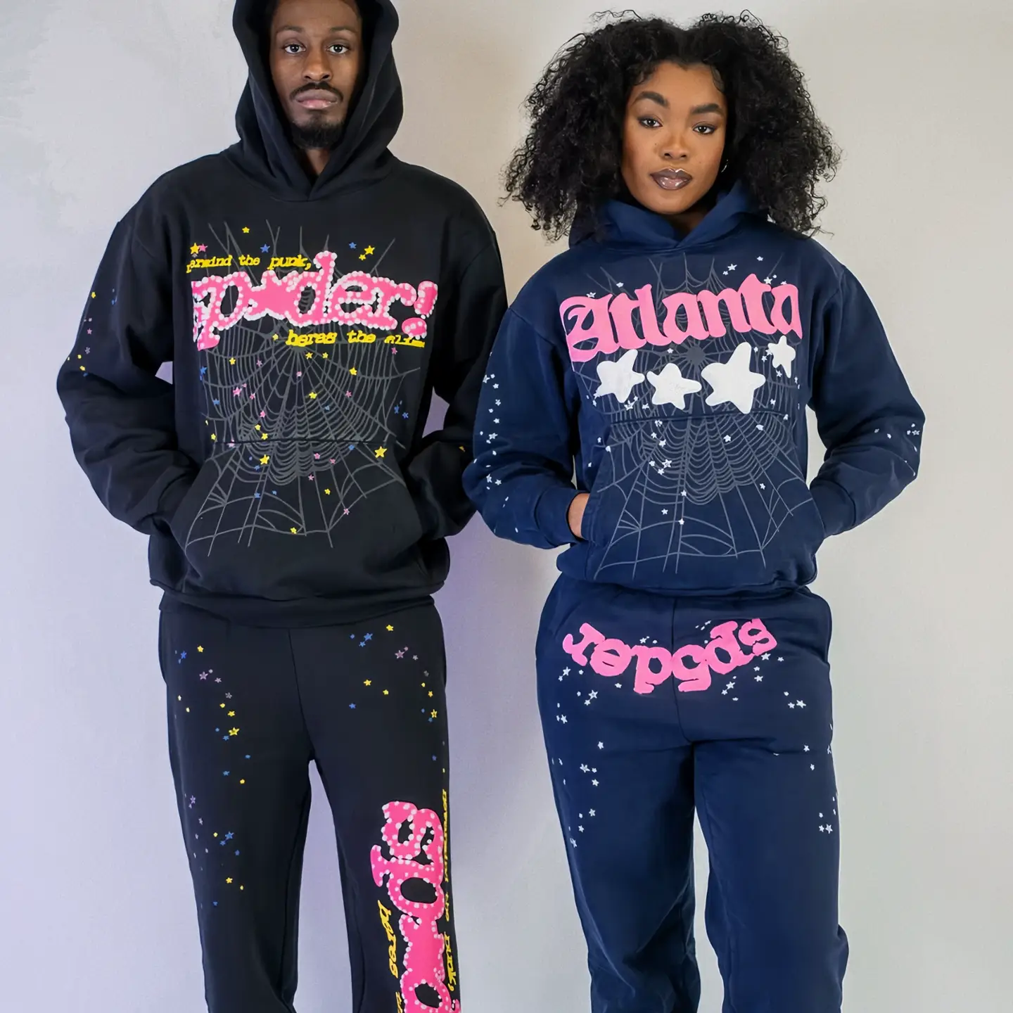Sp5der American Hip Hop Sweatshirt Set High Version Sanskrit Spiderweb Print West Coast Drill Style Hoodie