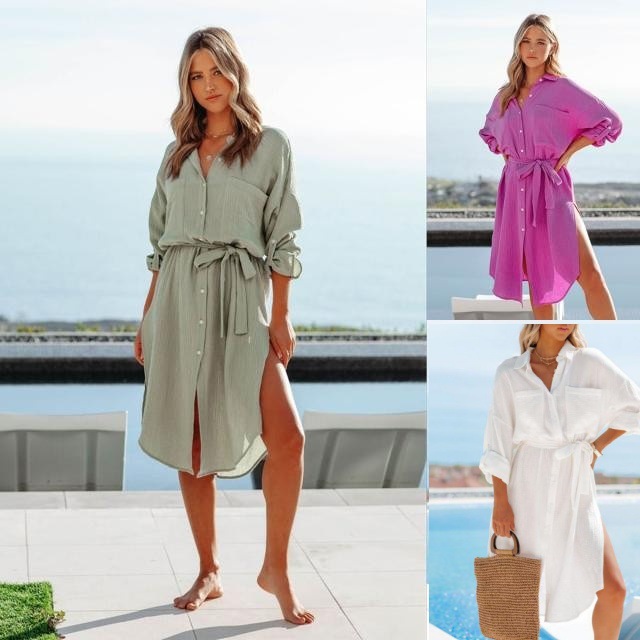 Dress 2025 Spring New Export Cross-Border Women's Clothing Ebay Amazon Popular Pure Color Long-Sleeved Shirt Skirt