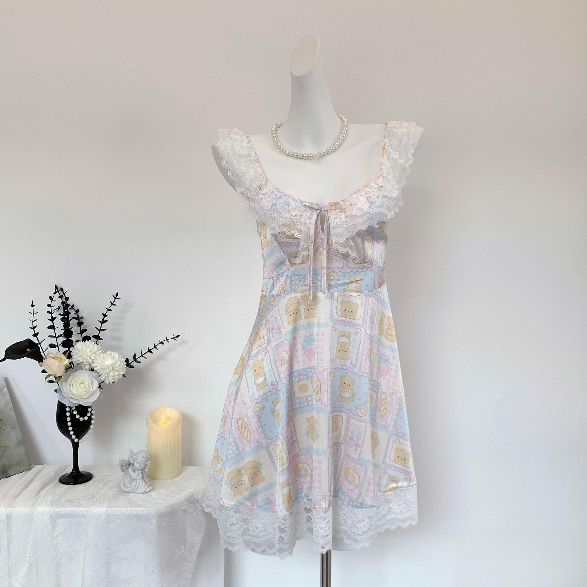 【Butter Bear】New Summer Two-Piece Set with Cartoon Lace, Cute Bear Design, Age-Reducing Camisole Nightdress, Loungewear