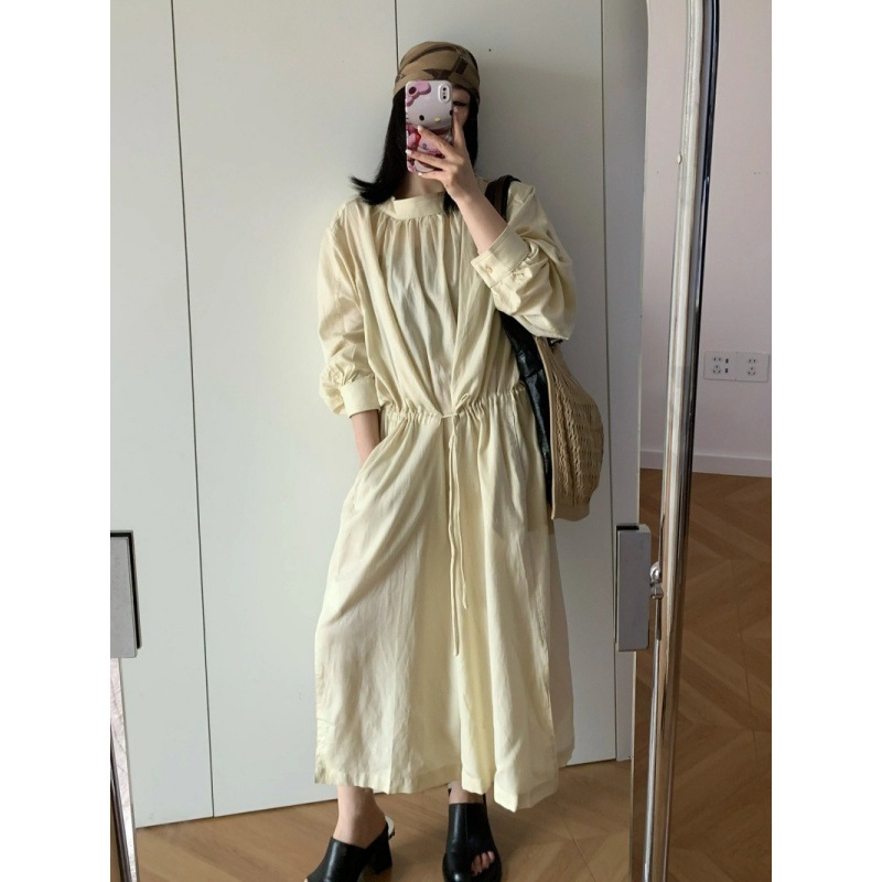 Longmei Loose Off-Shoulder Long-Sleeve Dress 2026 Early Spring New Lem Style Simple and Lazy Drawstring Mid-Length Dress