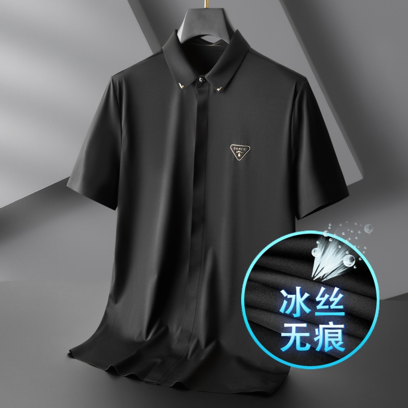 Light Luxury Gentleman Ice Silk Shirt Men's Short-sleeved Summer Seamless Men's Casual Shirt Ice Sense Slim-fit Business Shirt 88