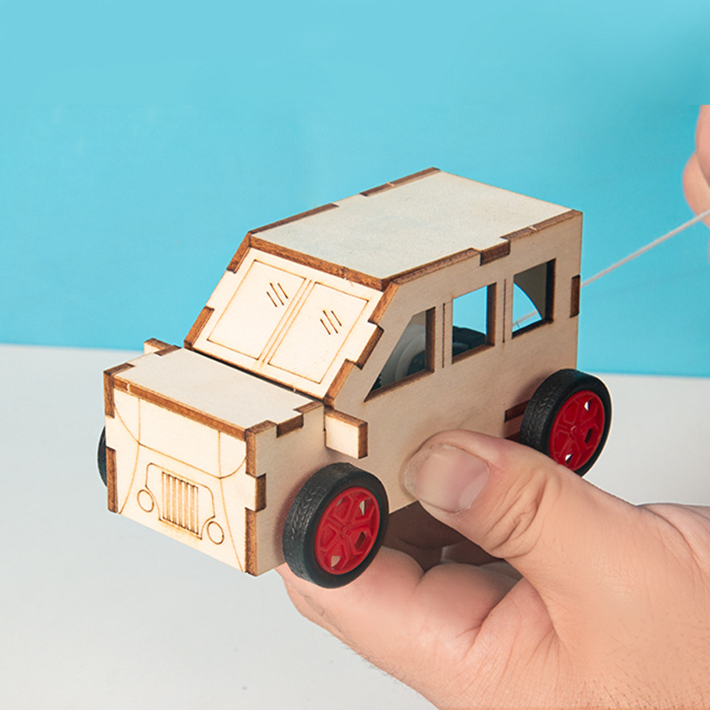 Science experiment teaching aids science and technology production wooden patchwork diy pull back pull wire car kindergarten students science and education frontier