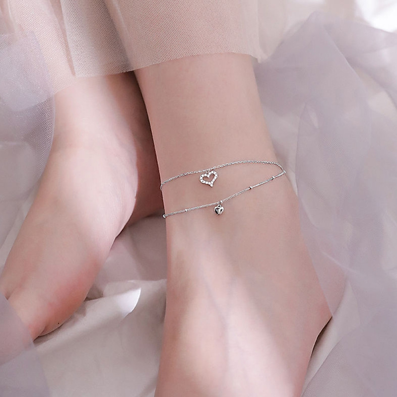 Double-Layer Heart Anklet for Women, Versatile and Elegant, Diamond-Encrusted Peach Heart Ankle Chain, Simple and Fashionable for Students, Wholesale