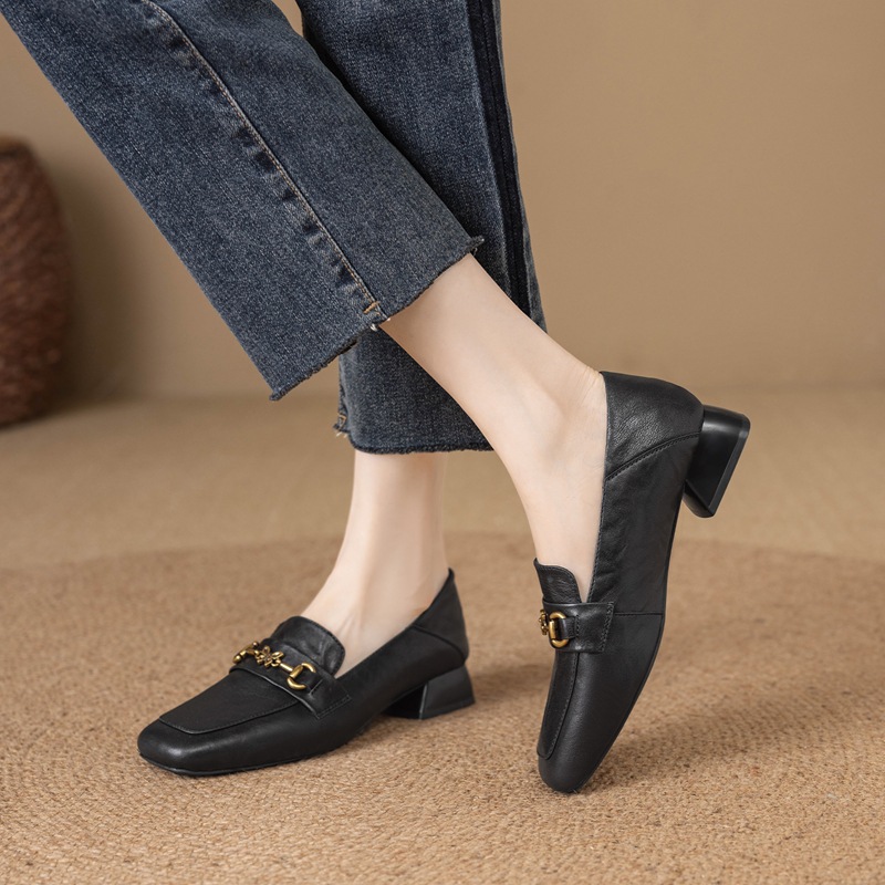 Zhr [First Layer Sheepskin] Butterfly Decor Buckle Mid-Top Single Shoes for Women 2026 New Style Elegant Versatile Leather Shoes