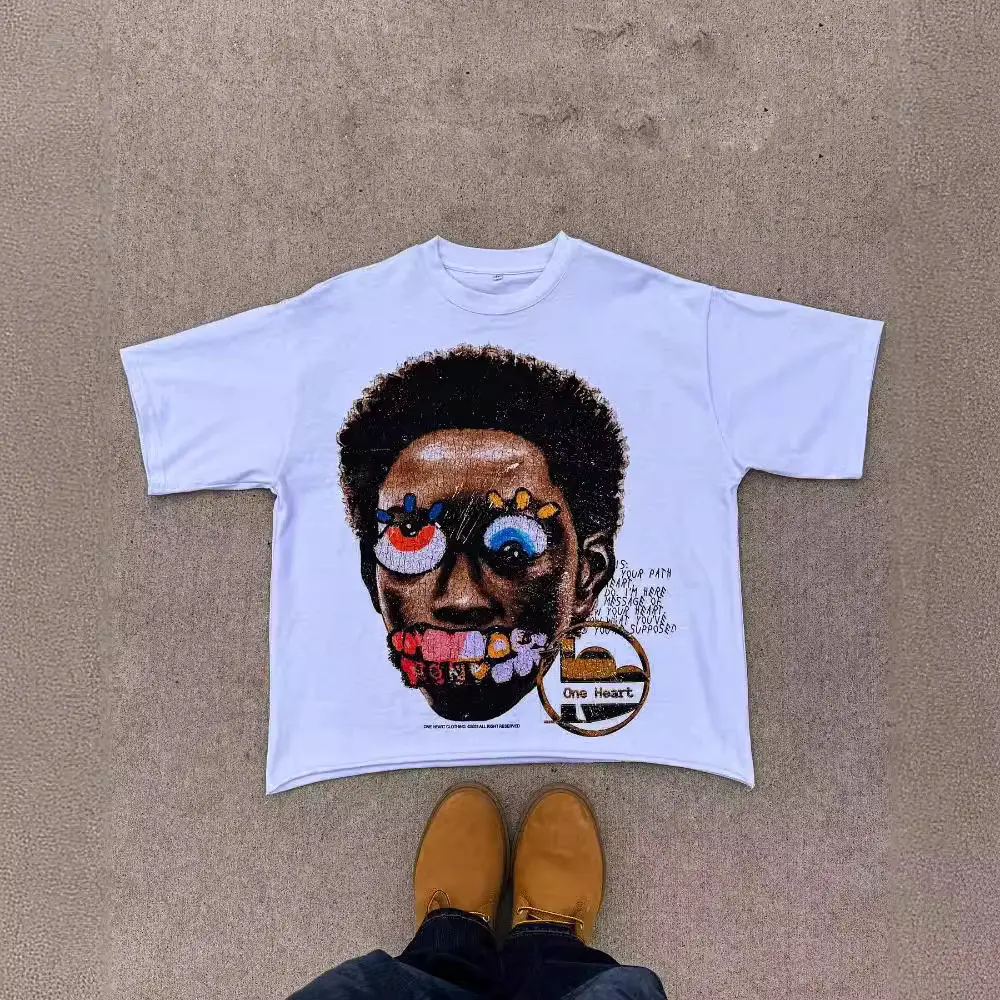 Street character avatar T-shirt men's big head print American cotton fashion street hip-hop casual short-sleeved top Y2K