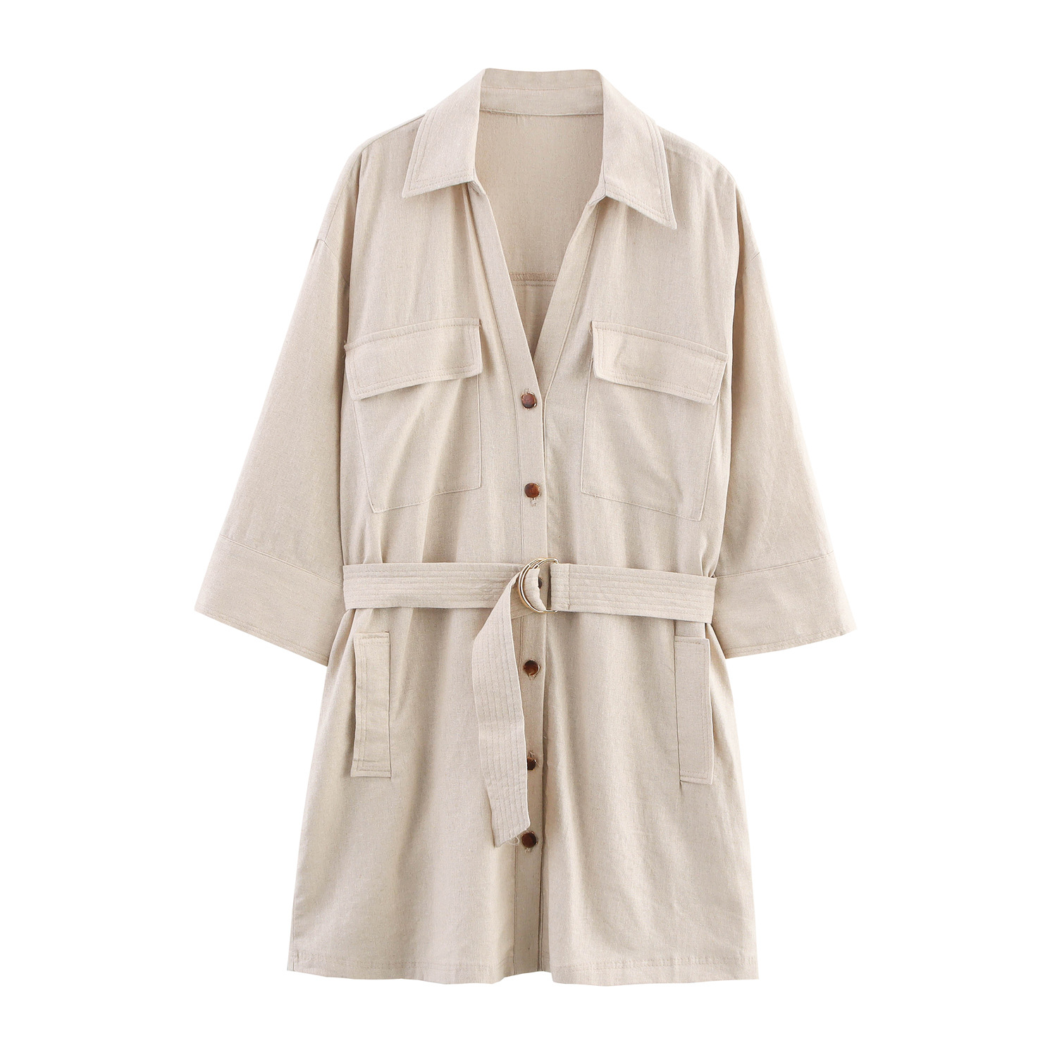 2025 Summer New European and American Style Linen Blend Mini Dress with Belt 3180939