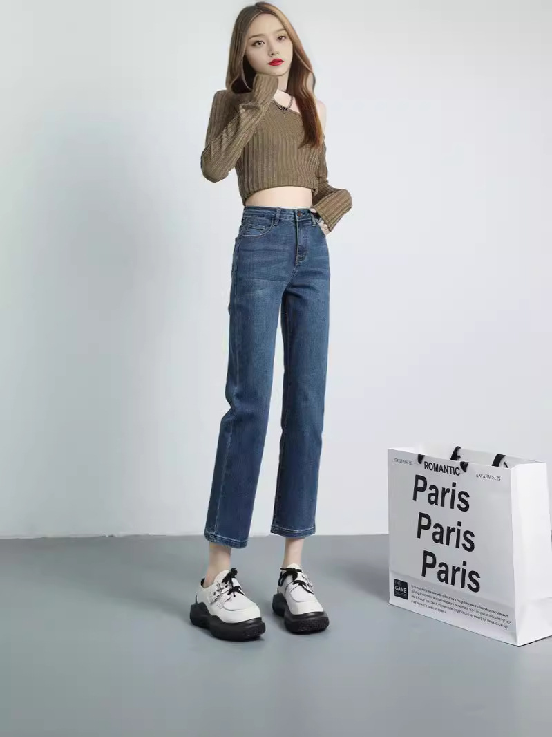 Factory Direct Vintage High-Waisted Straight-Leg Jeans for Women, Light-Colored, Petite, 8/9 Length, Slimming, Commuter Style, Retro Blue