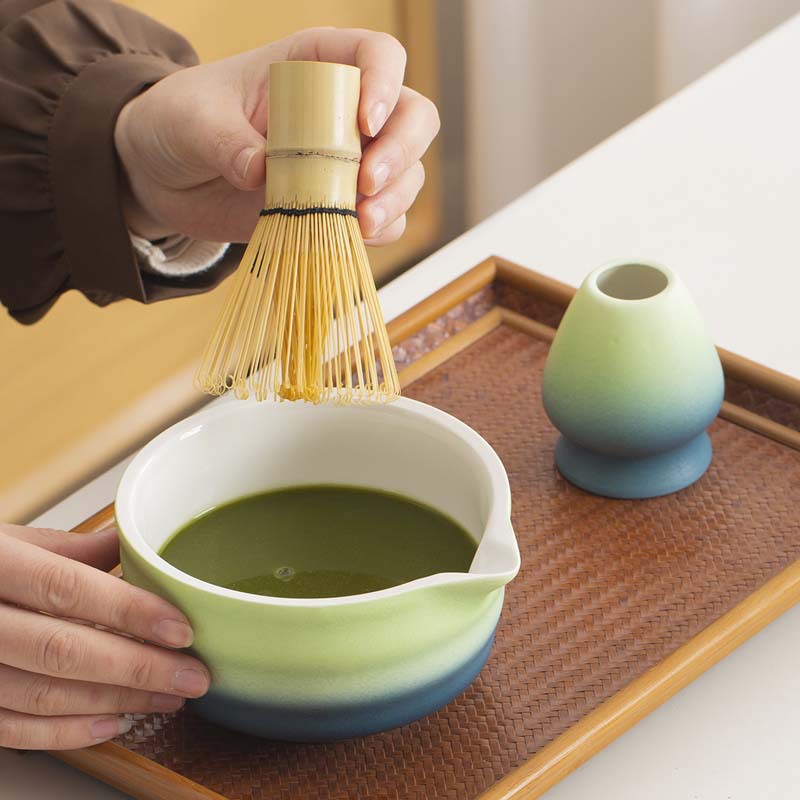 Ceramic Gradual Change Matcha Bowl with Mouth Combination Tea Licha Baixi Tea Point Tea Tool Complete Set of Tea Point Apparatus 2-Piece Set