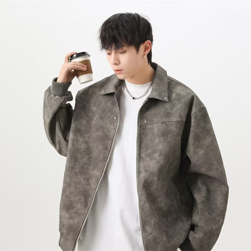 American Vintage cleanfit Leather Men's Trendy Brand Loose pu Leather Jacket Spring and Autumn Short Biker Coat