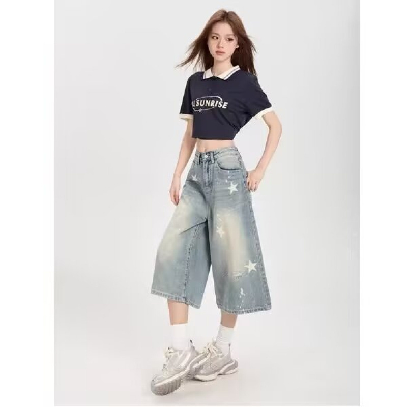 Vintage Star Print Denim Shorts for Women, Summer Thin Loose Wide-Leg Cropped Pants for Petite Figures, Straight-Leg Mid-Length Shorts