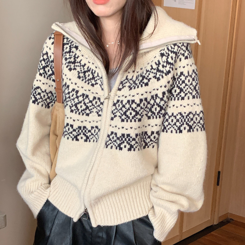 Kaning Fair Isle Jacquard Zipper Knit Cardigan 2026 Autumn and Winter New Top Christmas Chic Retro Sweater