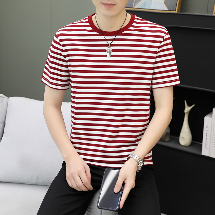 Summer Men's Short-sleeved T-shirt Young and Middle-aged Striped Crewneck All-match Half-sleeved T-shirt Men's Fashionable Clothes
