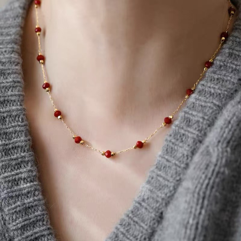 French Retro Interval Red Spinel Beaded Necklace Titanium Steel Electroplated 18K Gold High-grade Women's Clavicle Chain Light Luxury