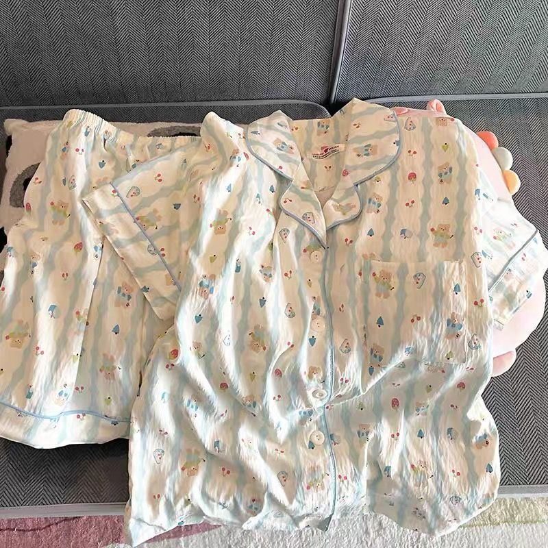 Plus Size Pajamas for Fat Women 130kg Can Wear Simple Blue Bear Two-Piece Shorts Casual Short-Sleeved Home Clothes