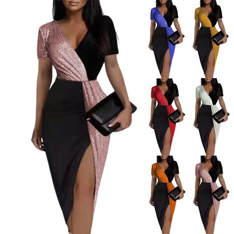 2025 Cross-Border Export Shiny Ethnic Style High-Waisted Pure Color Elegant Work Clothing Short-Sleeved Waist Dress