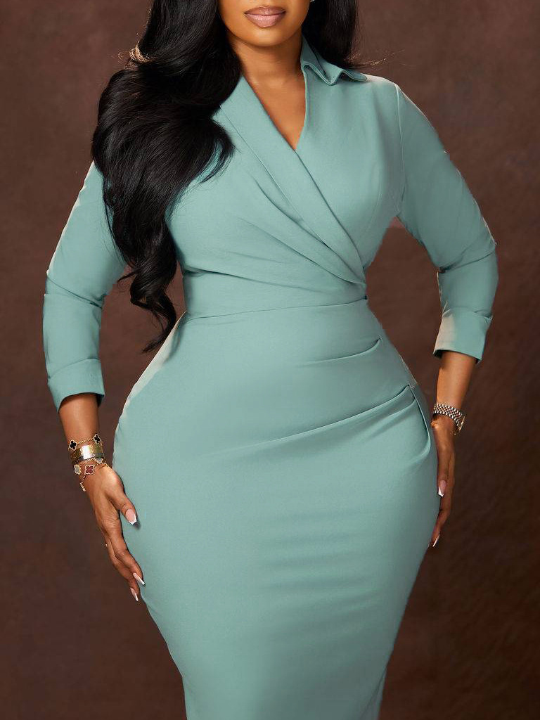 D3356 Foreign Trade Plus-Size Women's New Fashion V-Neck Solid Color Bodycon Pencil Skirt Sexy Slim-Fit African Dress