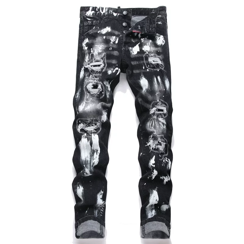 American Style New Spring Punk Men's Jeans with Ripped Embroidery Patches, Slim Fit Skinny Trendy Men's Pants