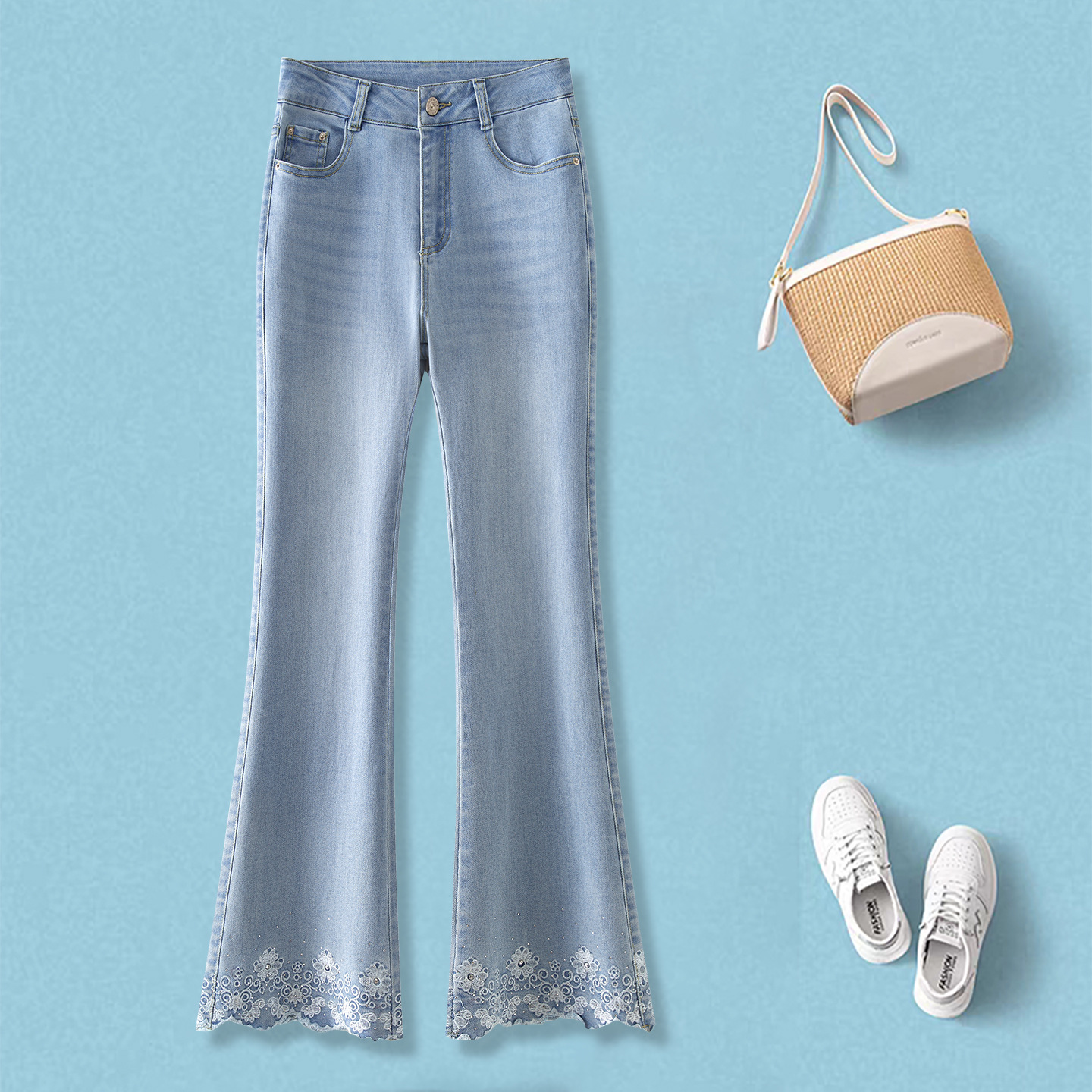 Lace Embroidery Flared Jeans for Women 2026 Summer New Style Slimming High-Waisted Cropped Flared Pants for Petite Figures