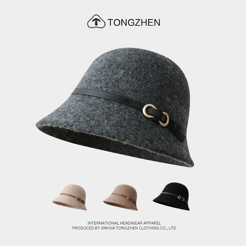 Belt Buckle Wool Hat Women Autumn and Winter Fashion Simple Japanese-style Fisherman Hat Face-looking Small Dome Cap All-match