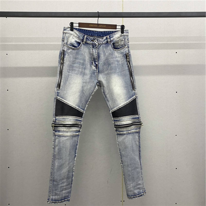 Fashion brand European and American street light-colored jeans men's high street fashion slim fit pencil pants motorcycle stretch zipper cropped pants