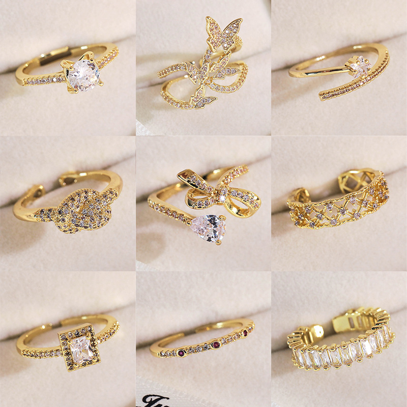 Light luxury niche copper micro inlaid zircon butterfly ring female ins tide open design index finger ring bracelet wholesale