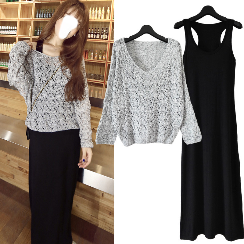 Spring New plus size women's long sleeve V-neck knitted suit skirt Korean style belly covering slimming two-piece set dress